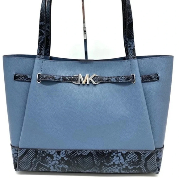 Michael Kors Reed Large Tote Bag Denim Snakeskin Blue - Picture 1 of 11